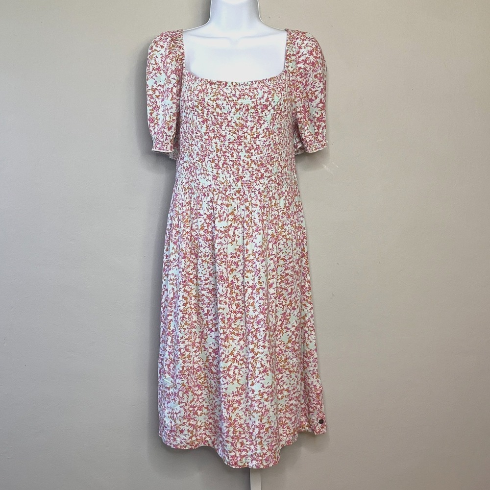 Roxy Hello Petal Mini Dress‎ Milkmaid Square Neck Smocking Summer Beachy Sz L
